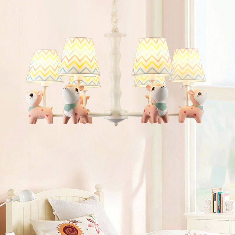 Cartoon Empire Shade Suspension Light Patterned Fabric Bedroom Chandelier Light with Resin Deer in Pink