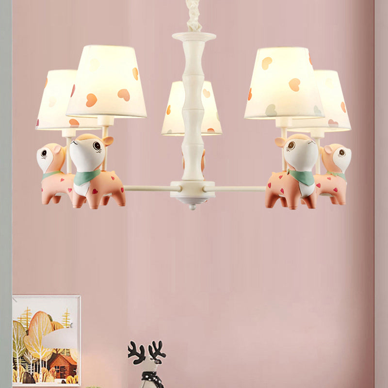 Cartoon Empire Shade Suspension Light Patterned Fabric Bedroom Chandelier Light with Resin Deer in Pink