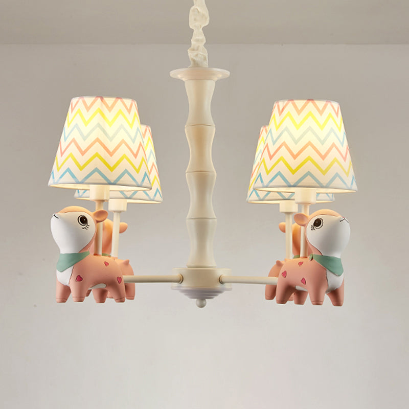 Cartoon Empire Shade Suspension Light Patterned Fabric Bedroom Chandelier Light with Resin Deer in Pink
