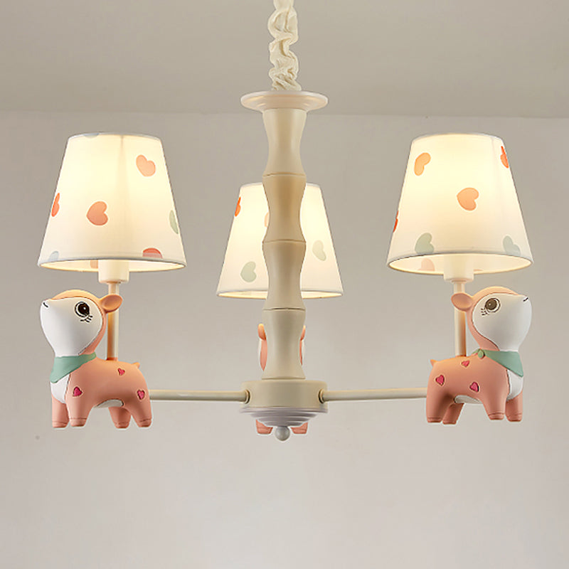 Cartoon Empire Shade Suspension Light Patterned Fabric Bedroom Chandelier Light with Resin Deer in Pink