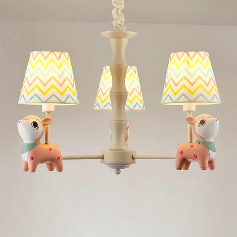 Cartoon Empire Shade Suspension Light Patterned Fabric Bedroom Chandelier Light with Resin Deer in Pink