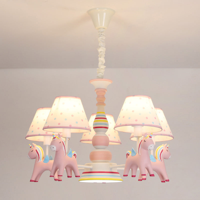 Resin Rainbow Unicorn Chandelier Lighting Cartoon Pink Pendant Light with Tapered Fabric Shade