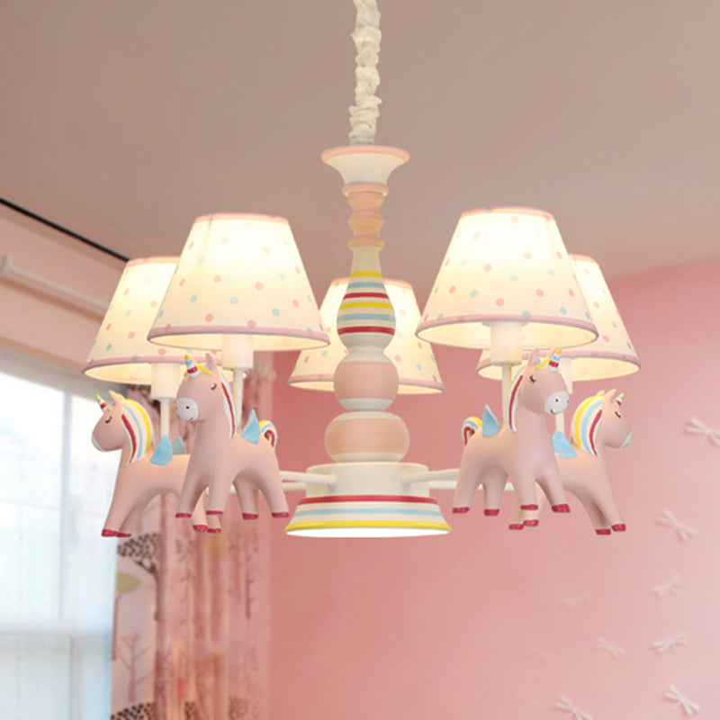 Resin Rainbow Unicorn Chandelier Lighting Cartoon Pink Pendant Light with Tapered Fabric Shade