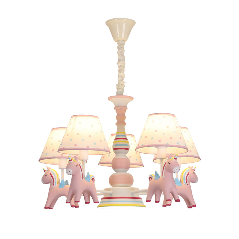 Resin Rainbow Unicorn Chandelier Lighting Cartoon Pink Pendant Light with Tapered Fabric Shade