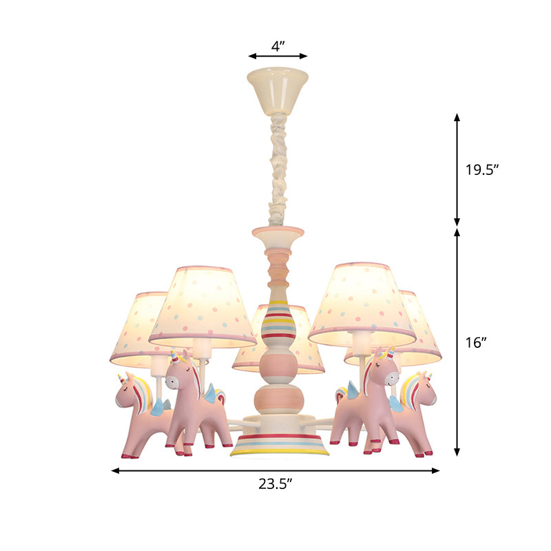 Resin Rainbow Unicorn Chandelier Lighting Cartoon Pink Pendant Light with Tapered Fabric Shade