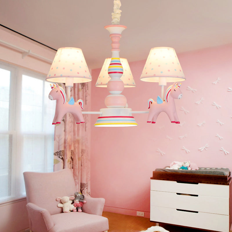 Resin Rainbow Unicorn Chandelier Lighting Cartoon Pink Pendant Light with Tapered Fabric Shade