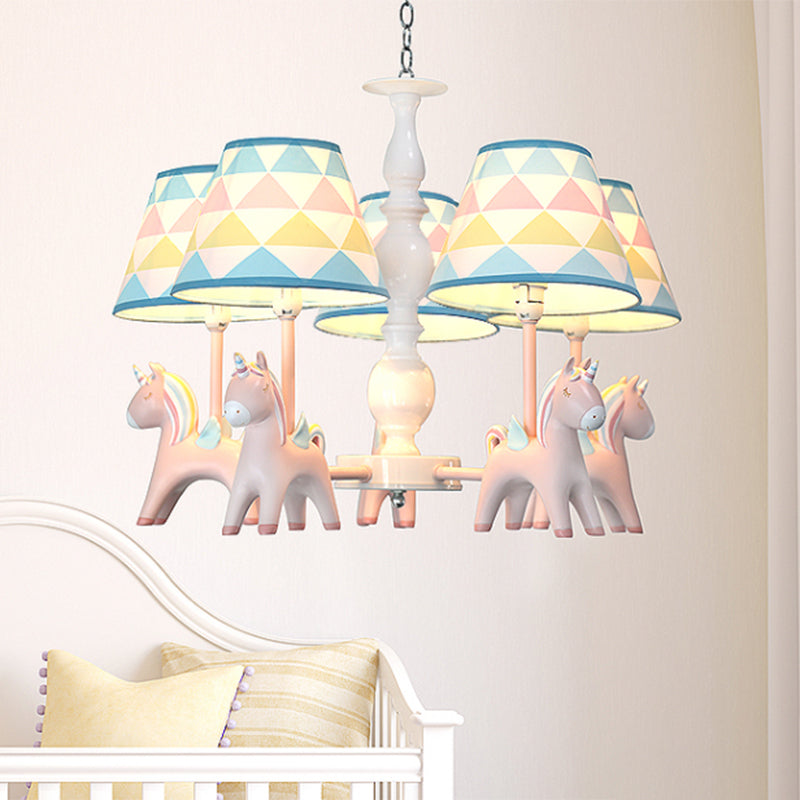 Tapered Shade Child Room Suspension Light Patterned Fabric Kids Chandelier Light with Decorative Unicorn