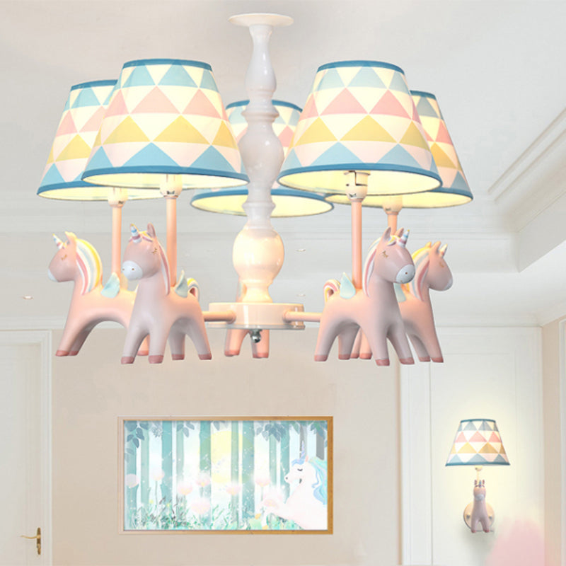 Tapered Shade Child Room Suspension Light Patterned Fabric Kids Chandelier Light with Decorative Unicorn
