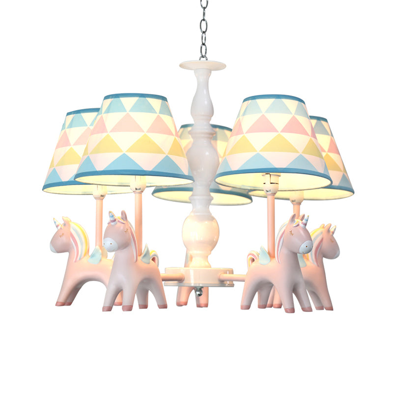 Tapered Shade Child Room Suspension Light Patterned Fabric Kids Chandelier Light with Decorative Unicorn