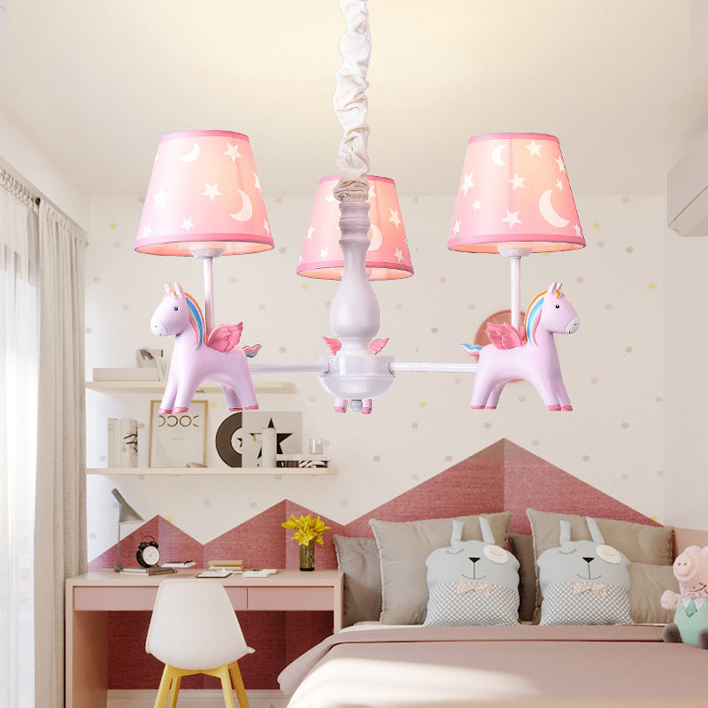 Rainbow Unicorn Ceiling Lighting Kids Style Resin Bedroom Chandelier Light Fixture with Tapered Fabric Shade