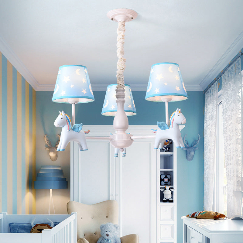Rainbow Unicorn Ceiling Lighting Kids Style Resin Bedroom Chandelier Light Fixture with Tapered Fabric Shade