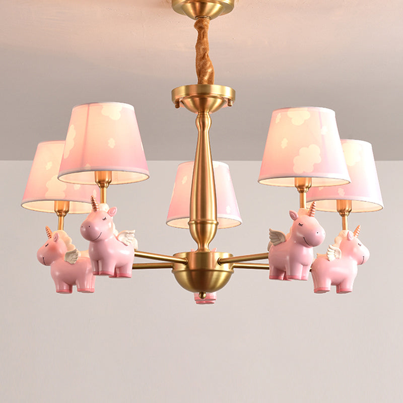 Kinderstil Bucket Suspension Light Stoff Kinderzimmer Kronleuchter Licht mit Harzeinicorn