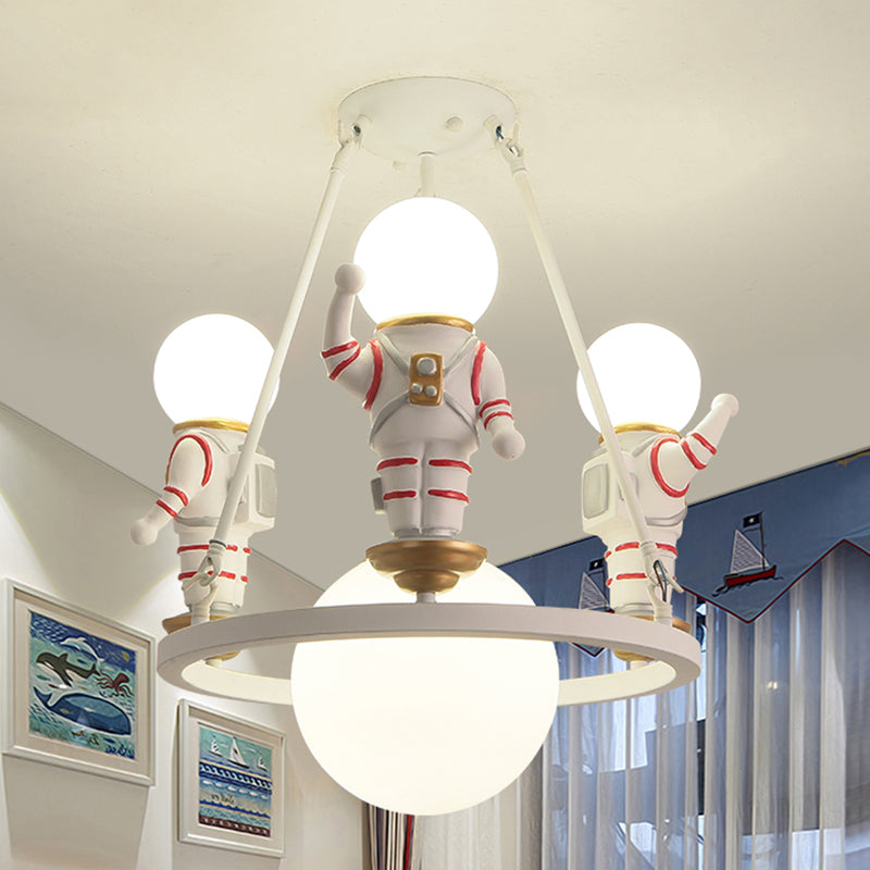 Cartoon Astronaut Chandelier Light Resin Child Room Pendant Light Fixture with Acrylic Shade in White