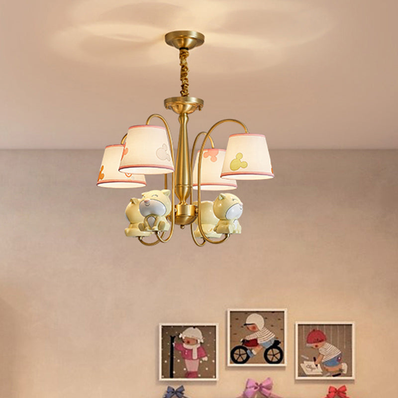 Patterned Fabric Tapered Chandelier Lighting Cartoon Gold Pendant Light with Resin Animal