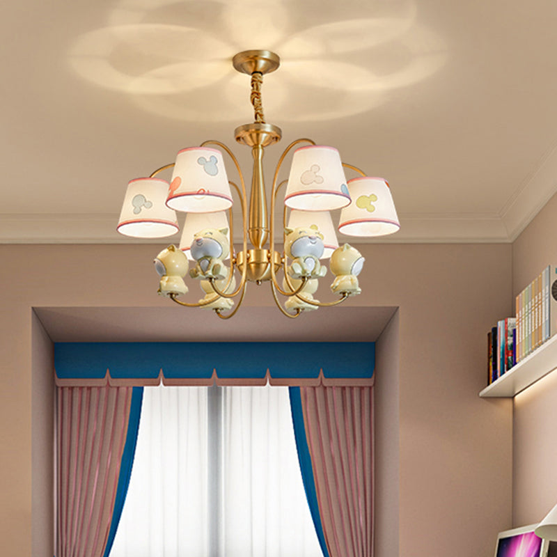 Patterned Fabric Tapered Chandelier Lighting Cartoon Gold Pendant Light with Resin Animal