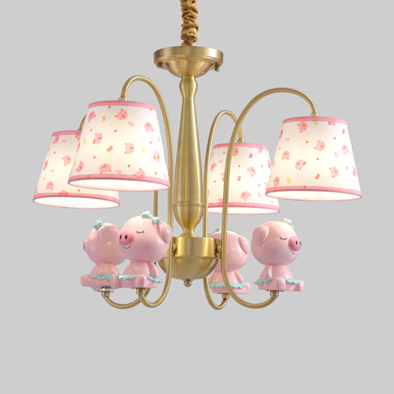 Patterned Fabric Tapered Chandelier Lighting Cartoon Gold Pendant Light with Resin Animal
