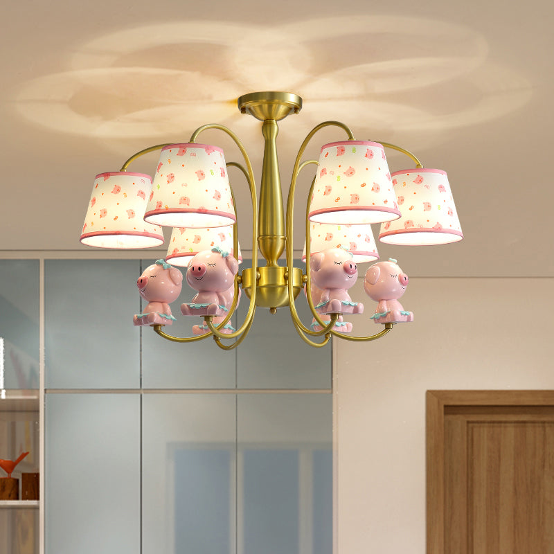 Patterned Fabric Tapered Chandelier Lighting Cartoon Gold Pendant Light with Resin Animal