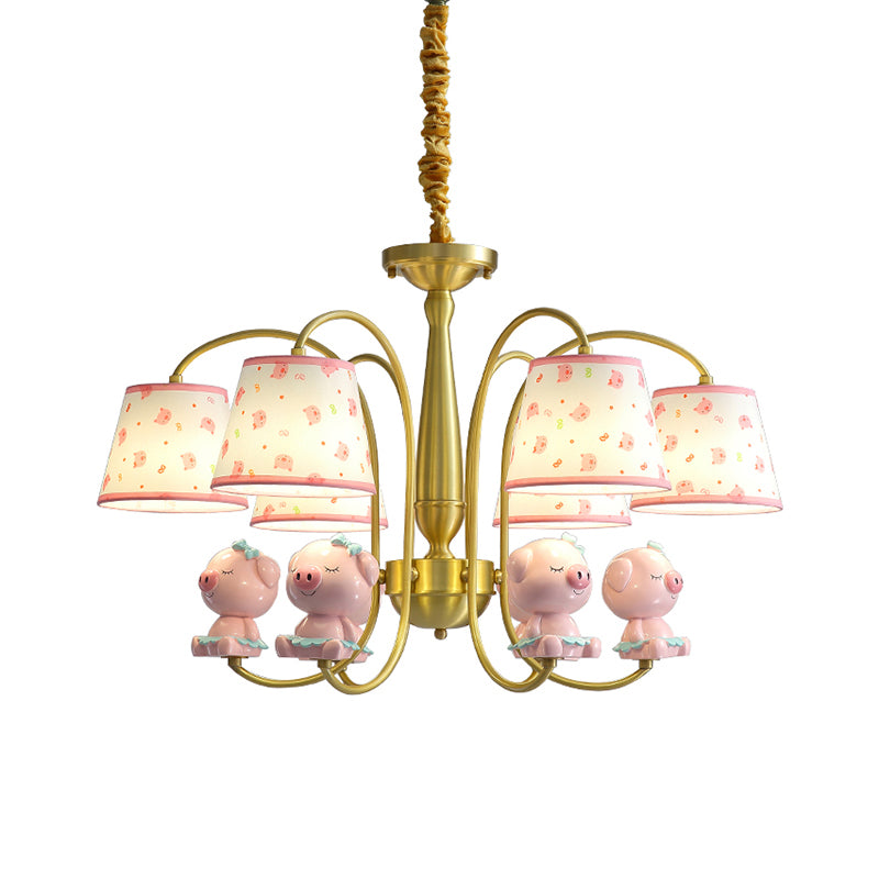 Patterned Fabric Tapered Chandelier Lighting Cartoon Gold Pendant Light with Resin Animal