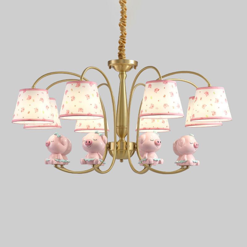 Patterned Fabric Tapered Chandelier Lighting Cartoon Gold Pendant Light with Resin Animal