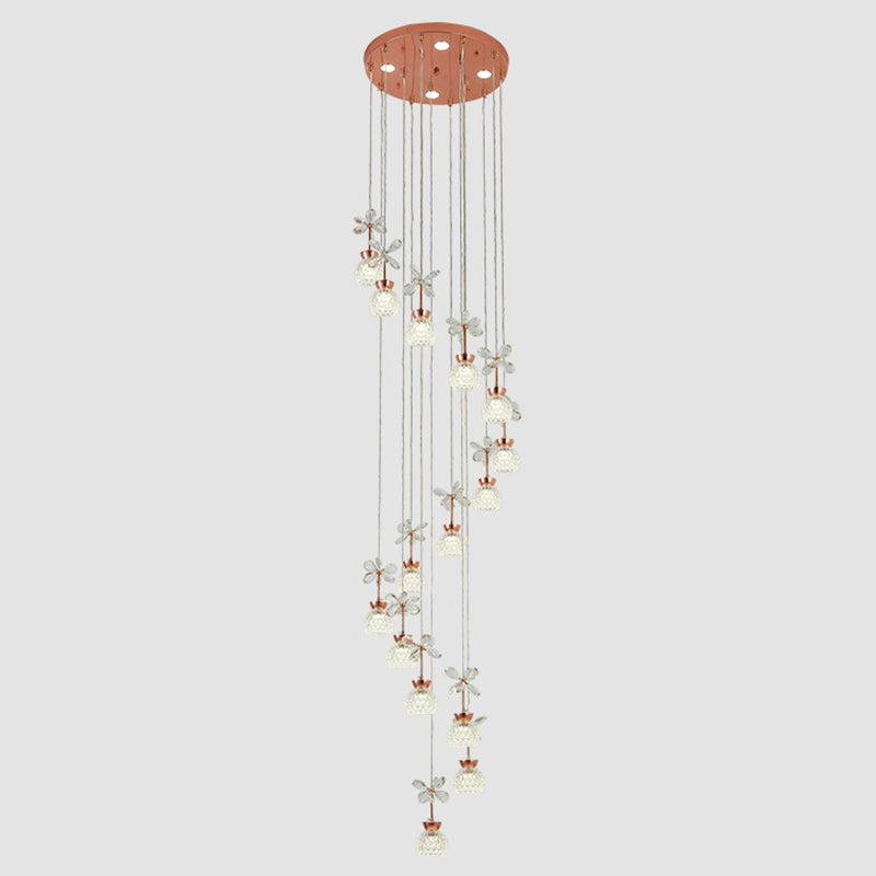Floral Staircase Multi Light Pendant Crystal Modern LED Hanging Lighting with Dome Shade in Rose Gold