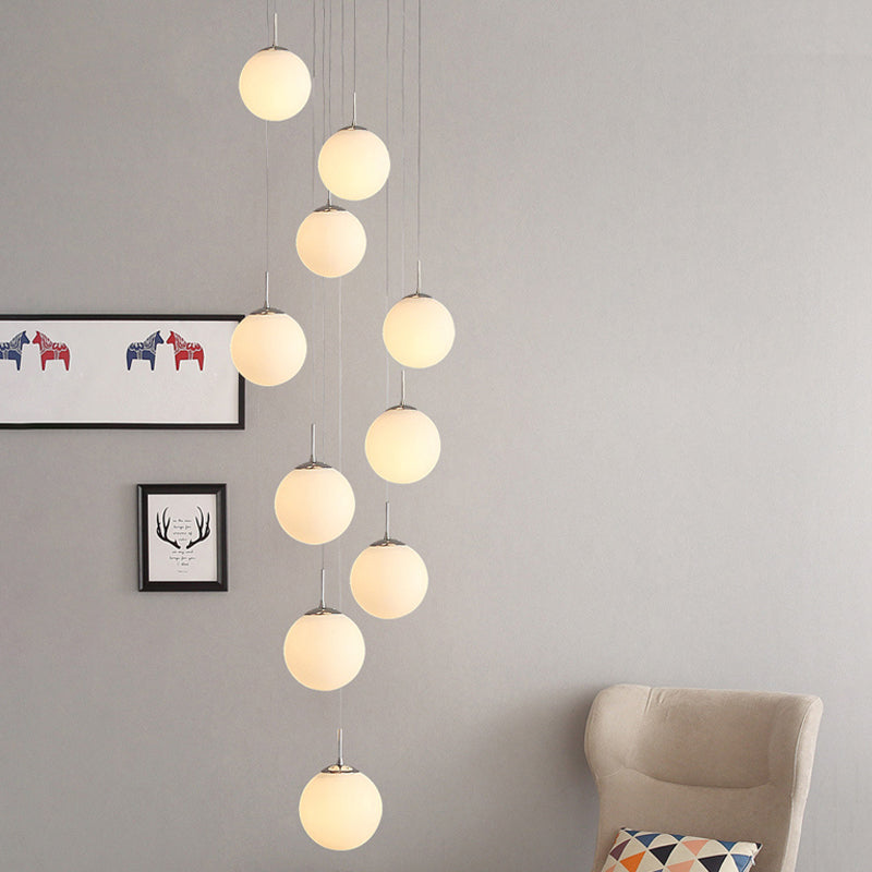 Frost Glass Sphere Multi Ceiling Light Artistic 10 Heads Suspension Lighting in Silver