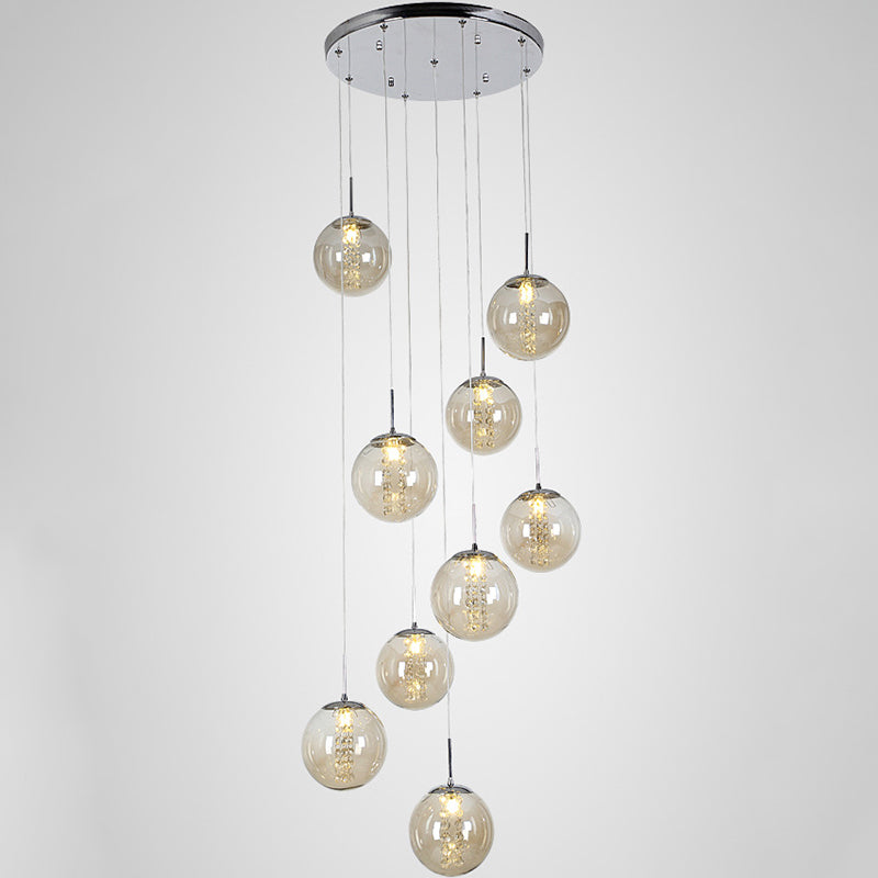 Round Shaded Staircase LED Hanging Lighting Glass Minimalist Multi Light Pendant