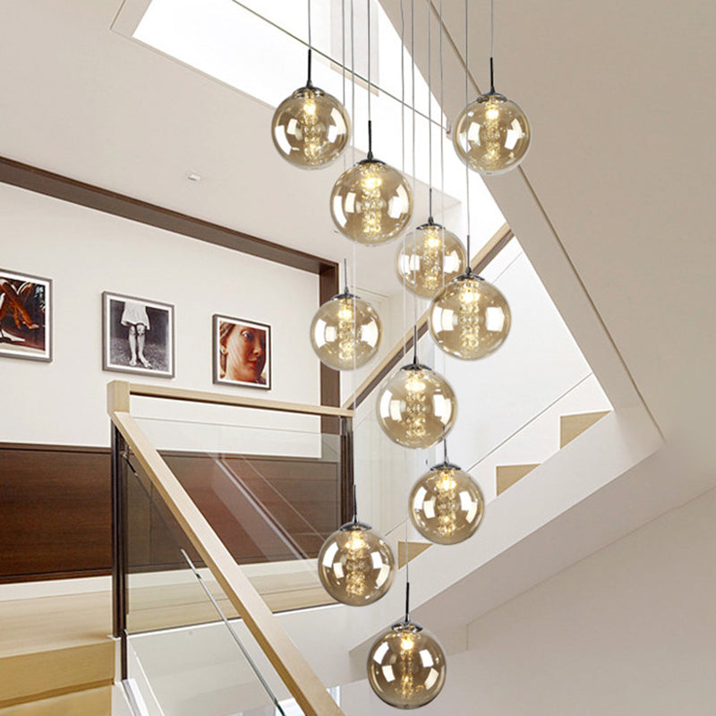 Round Shaded Staircase LED Hanging Lighting Glass Minimalist Multi Light Pendant