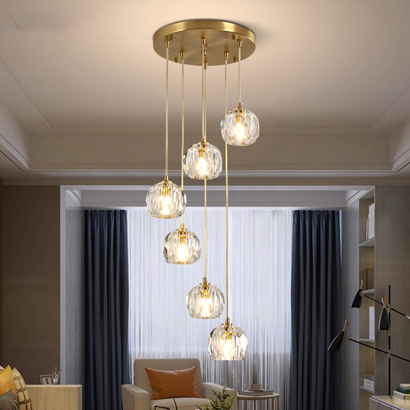 Dome Shade Pendant Light Contemporary Faceted Crystal Staircase Suspension Light Fixture in Brass
