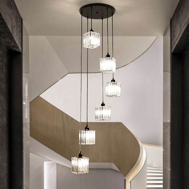 Tri-Prism Crystal Spiral Cube Hanging Light Modern Style 6 Bulbs Multi Light Pendant in Black