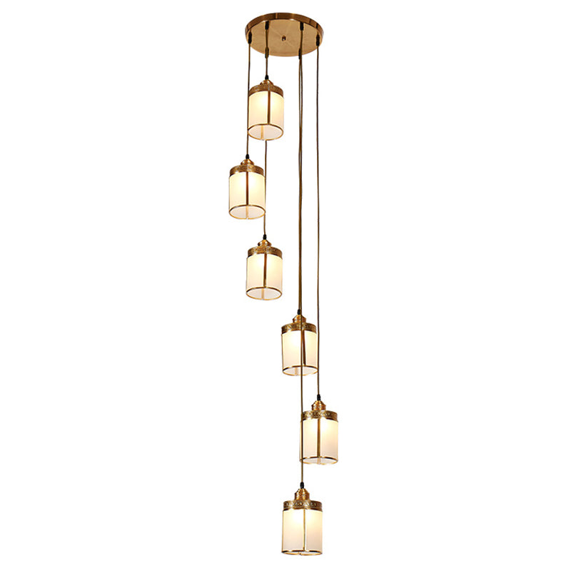 Artistic Cylindrical Multi Ceiling Light Frost Glass Staircase Suspension Lighting in Brass
