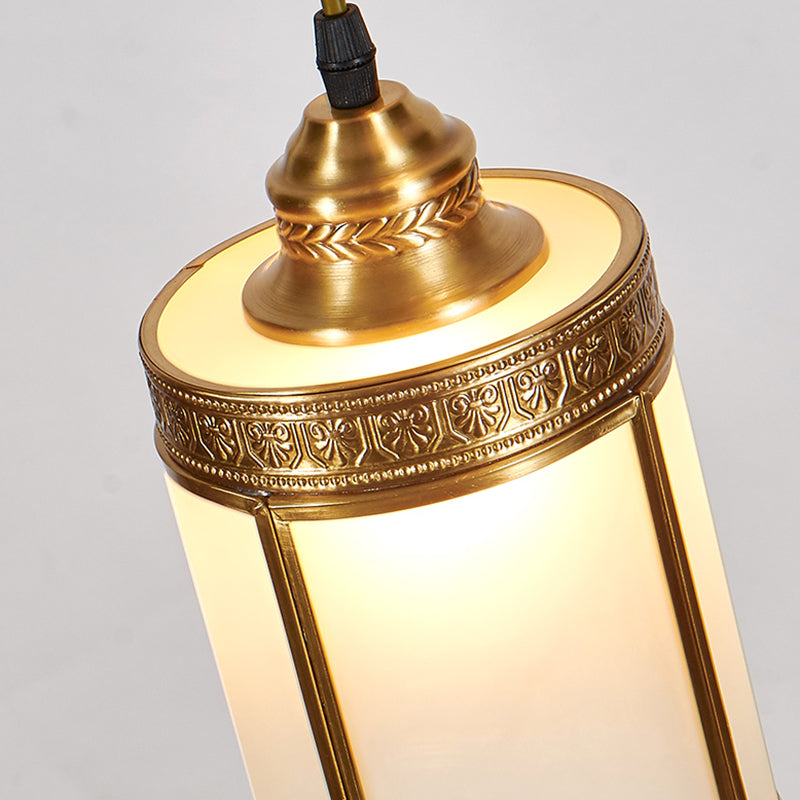 Artistic Cylindrical Multi Ceiling Light Frost Glass Staircase Suspension Lighting in Brass