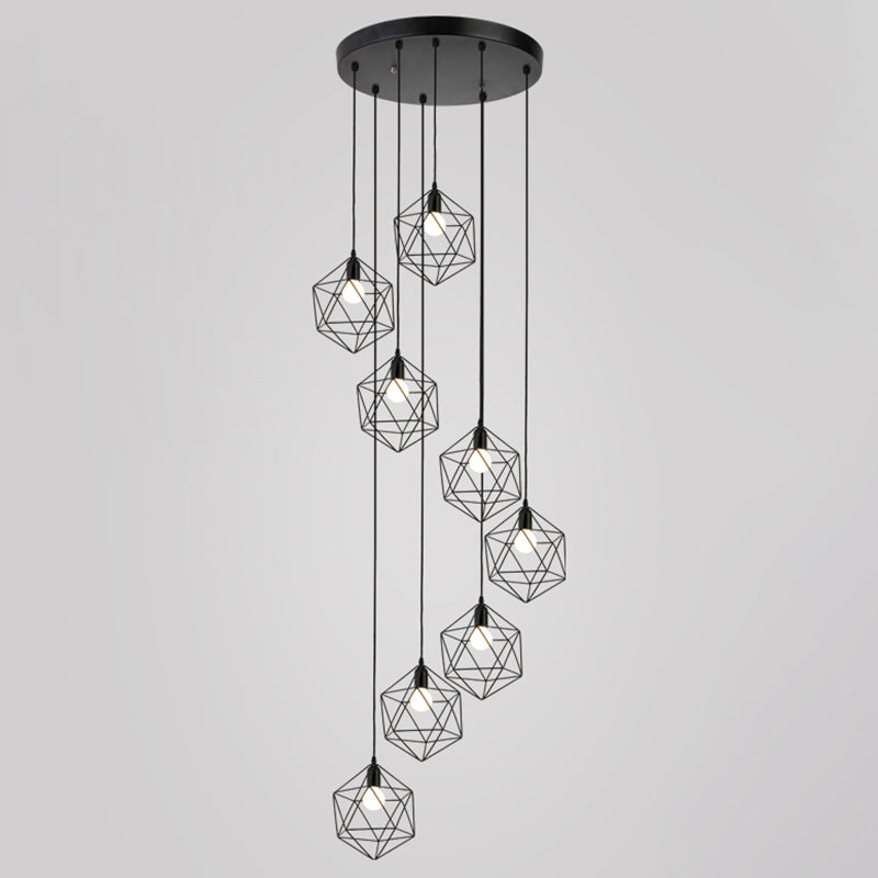 Geometric Cage Staircase Multi Ceiling Lighting Metallic Suspension Light Fixture