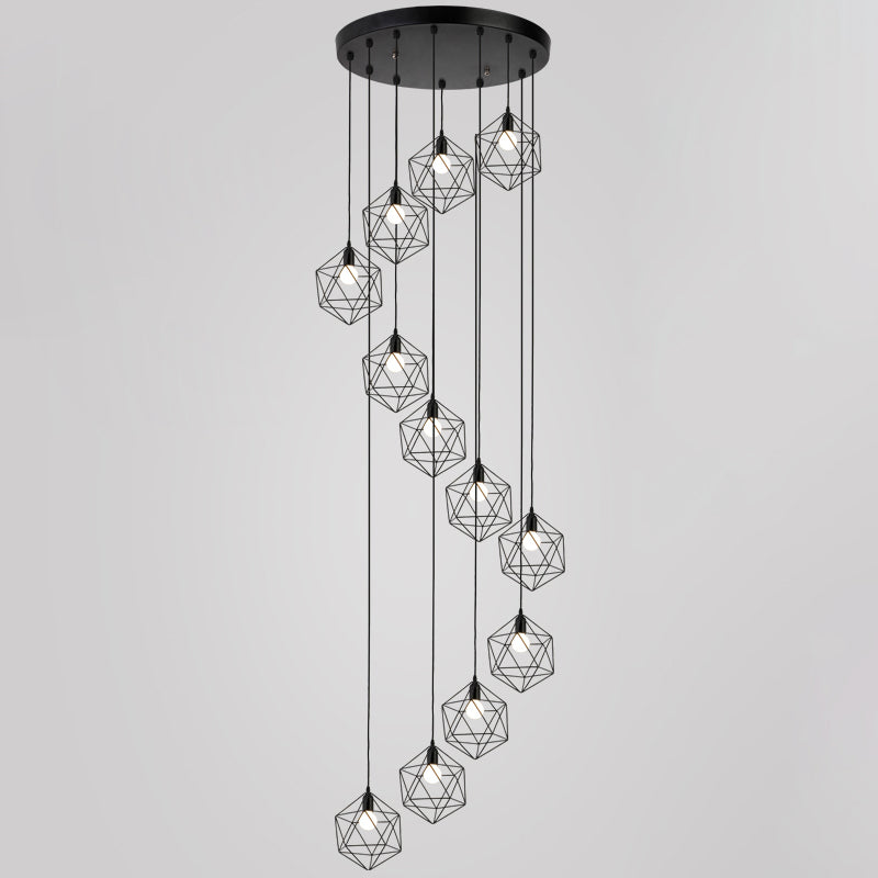 Geometric Cage Staircase Multi Ceiling Lighting Metallic Suspension Light Fixture