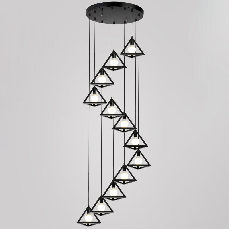 Geometric Cage Staircase Multi Ceiling Lighting Metallic Suspension Light Fixture