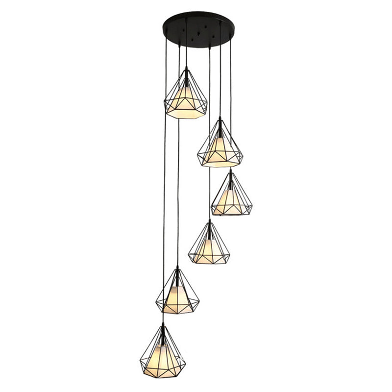 Simplicity Diamond Cage Hanging Light Metallic Staircase Multi Light Pendant with Inner Cone Shade in Black