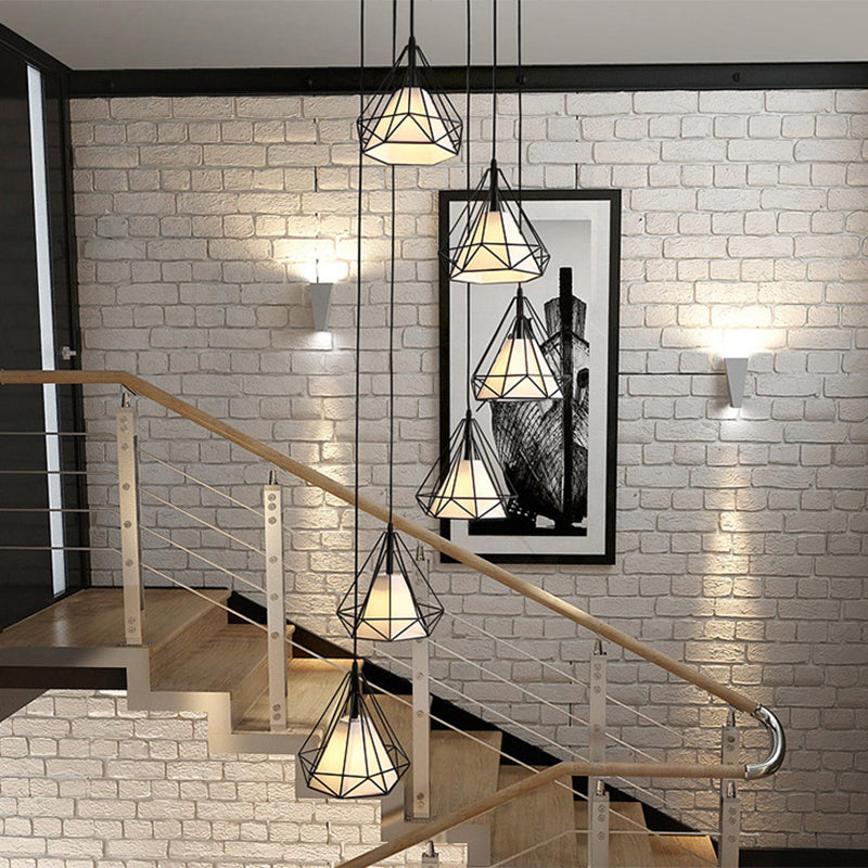 Simplicity Diamond Cage Hanging Light Metallic Staircase Multi Light Pendant with Inner Cone Shade in Black