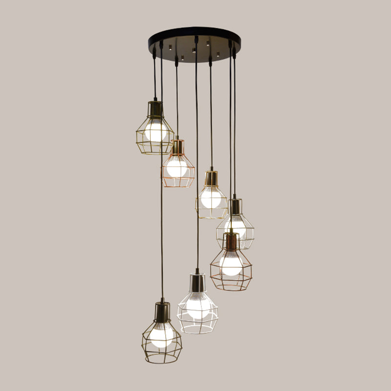 Metal Grenade Cage Suspension Light Minimalist Black Multi Light Pendant for Staircase