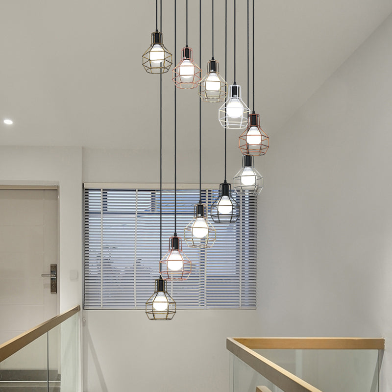 Metal Grenade Cage Suspension Light Minimalist Black Multi Light Pendant for Staircase
