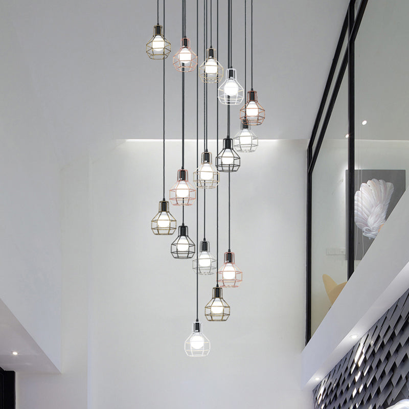 Metal Grenade Cage Suspension Light Minimalist Black Multi Light Pendant for Staircase