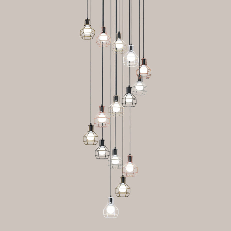 Metal Grenade Cage Suspension Light Minimalist Black Multi Light Pendant for Staircase