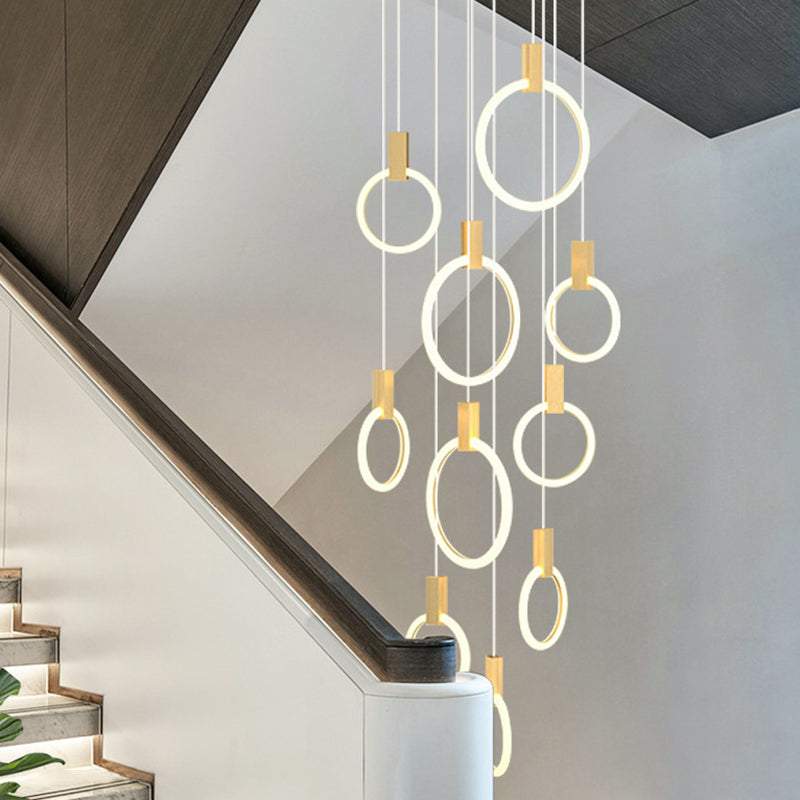 Ring Shaped Acrylic LED Multi Light Pendant Modern Style Gold Hanging Lighting for Staircase
