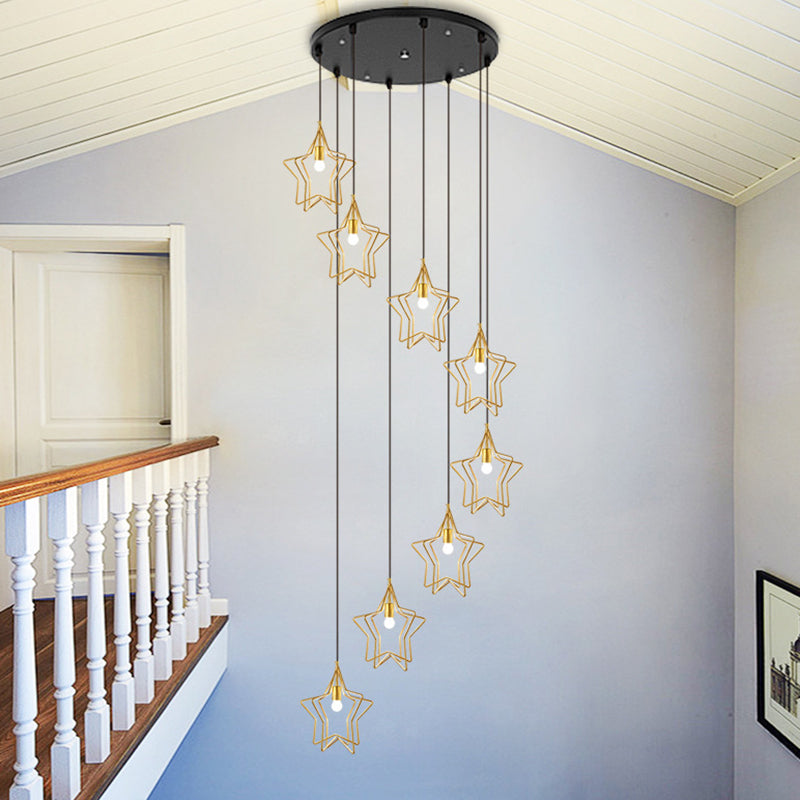 Gold Spiral Star Multi Ceiling Lamp Simplicity 8 Bulbs Metallic Suspension Light Fixture for Entryway