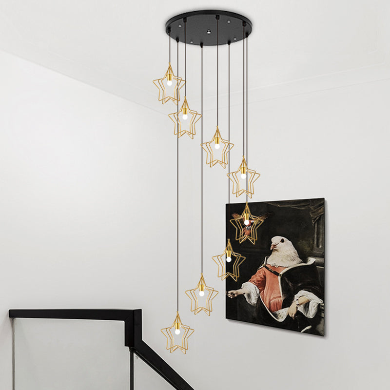Gold Spiral Star Multi Ceiling Lamp Simplicity 8 Bulbs Metallic Suspension Light Fixture for Entryway