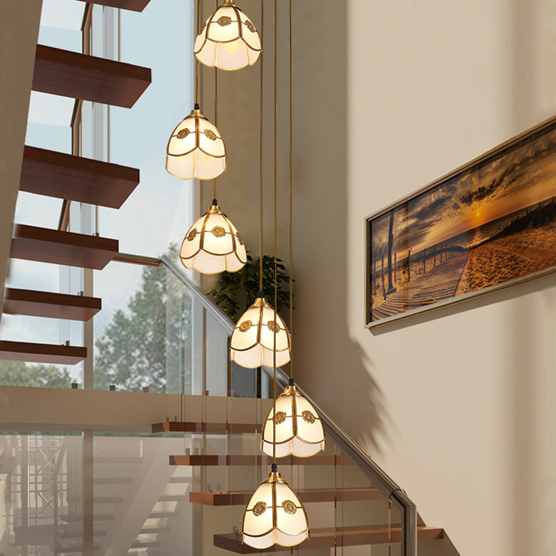 Geschulpte bel multi plafondlicht artistiek vorstglas 6 koppen koperen ophanging verlichting
