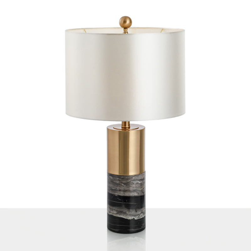 Drum Table Lighting Simplicity Fabric 1��Bulb Living Room Nightstand Lamp with Marble Base in White