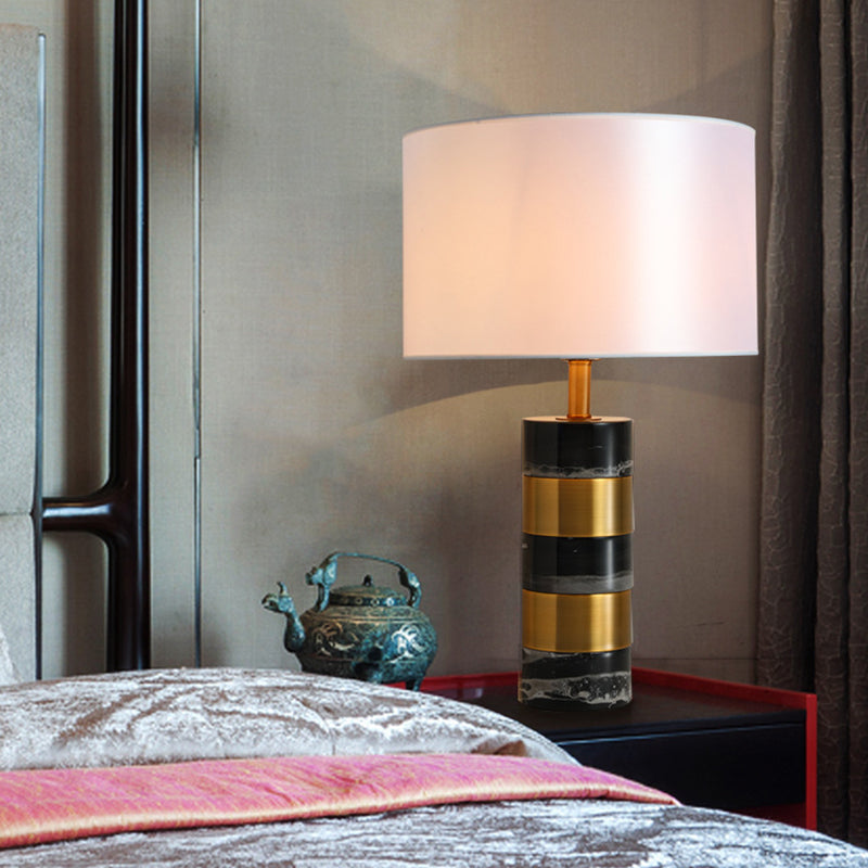 Modern Drum Nightstand Lamp Fabric 1 Head Living Room Table Lighting with Marble Base in White