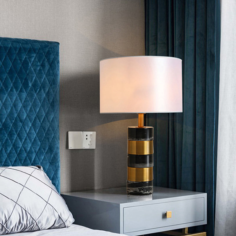 Modern Drum Nightstand Lamp Fabric 1 Head Living Room Table Lighting with Marble Base in White