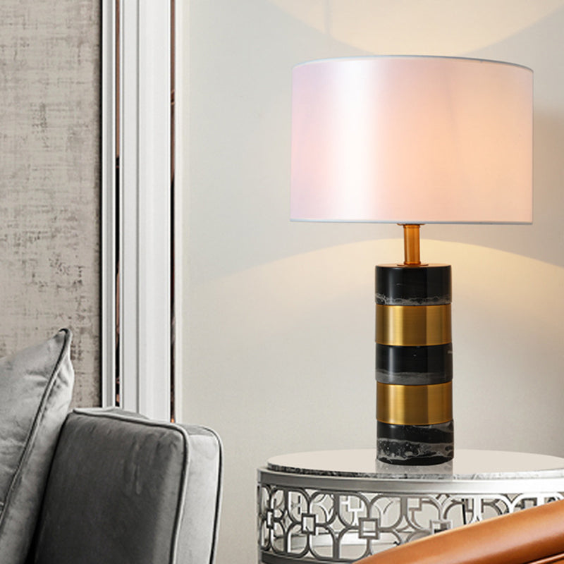 Modern Drum Nightstand Lamp Fabric 1 Head Living Room Table Lighting with Marble Base in White