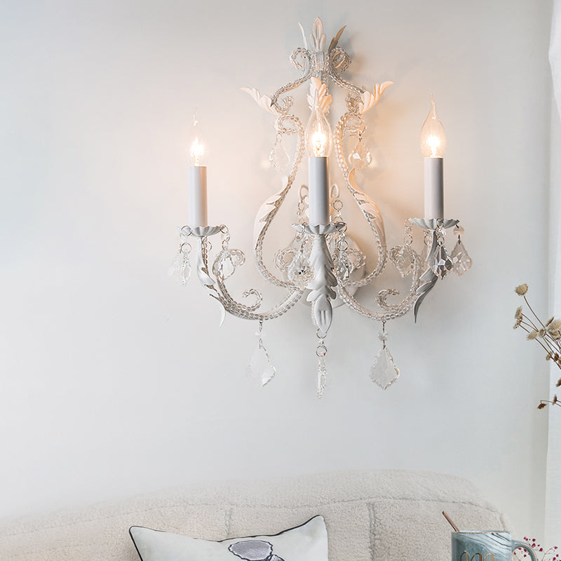 Traditional Candlestick Wall Mount Light 3 Bulbs Metallic Wall Light Fixture with Crystal Draping in White
