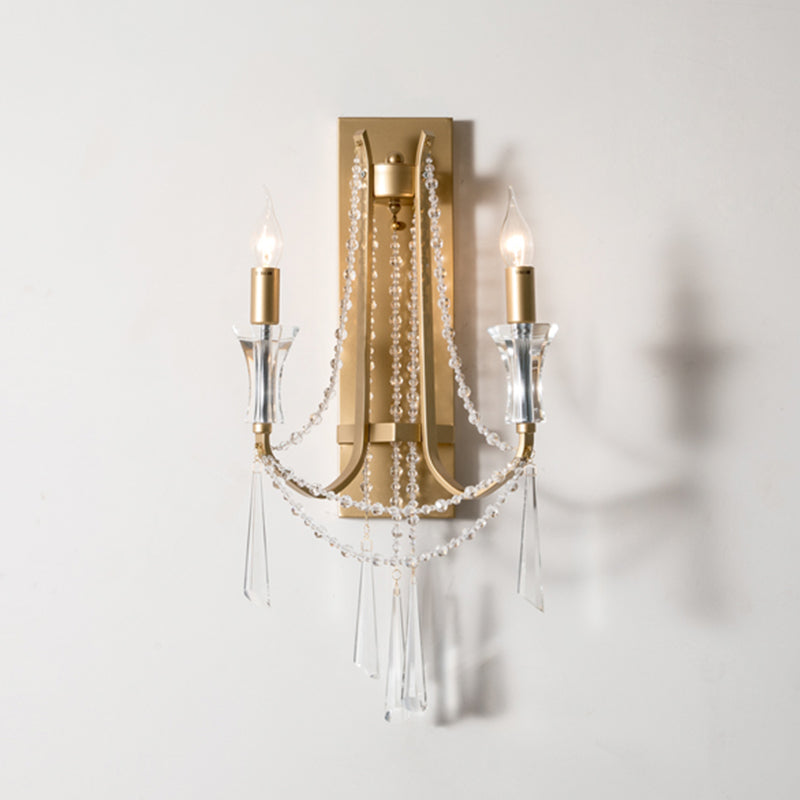 2 Bulbs Wall Mount Light Traditional Draping Crystal Bead Wall Light Fixture with Curved Arm